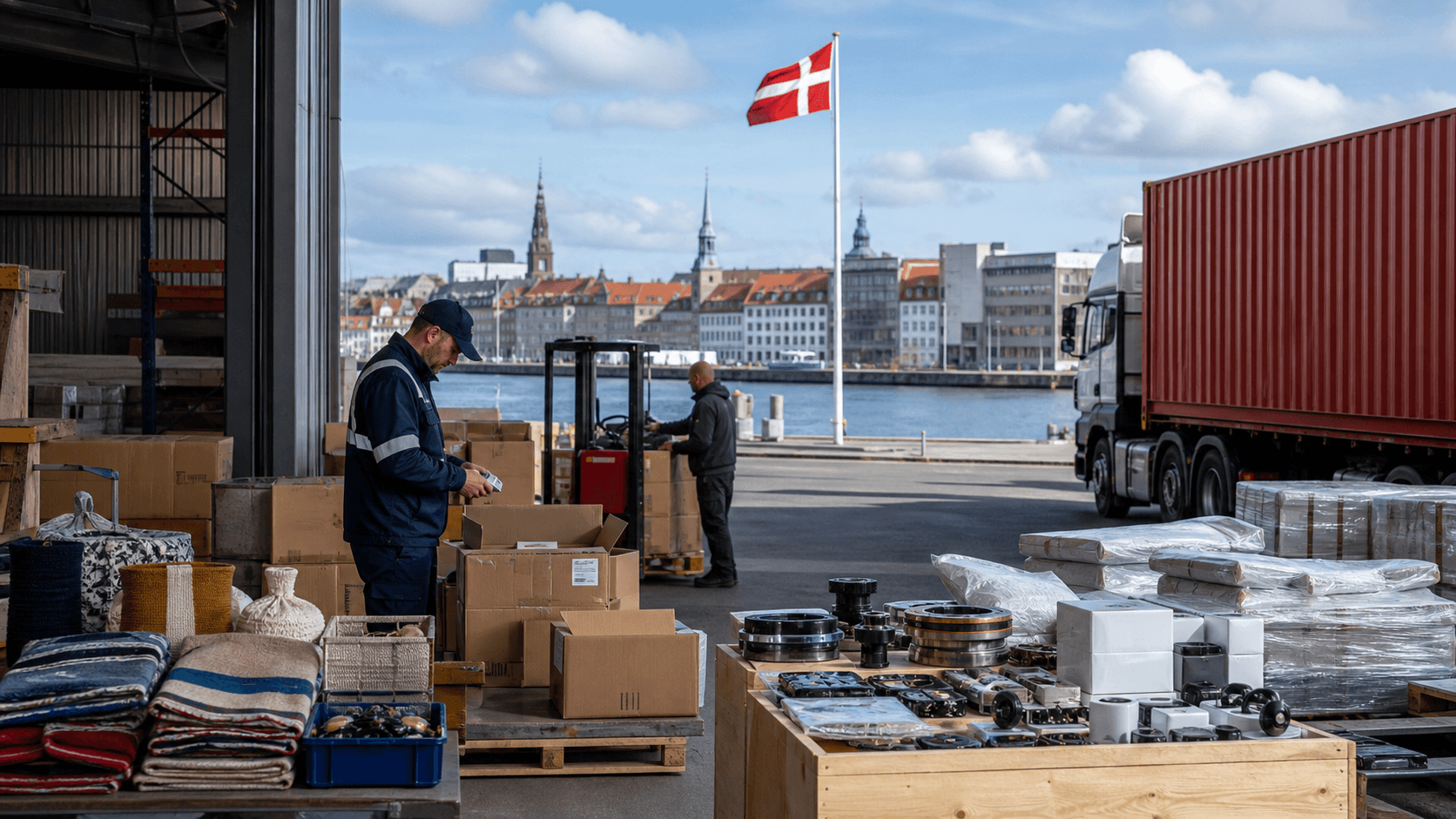Commercial cargo and product samples prepared for international shipment to Denmark