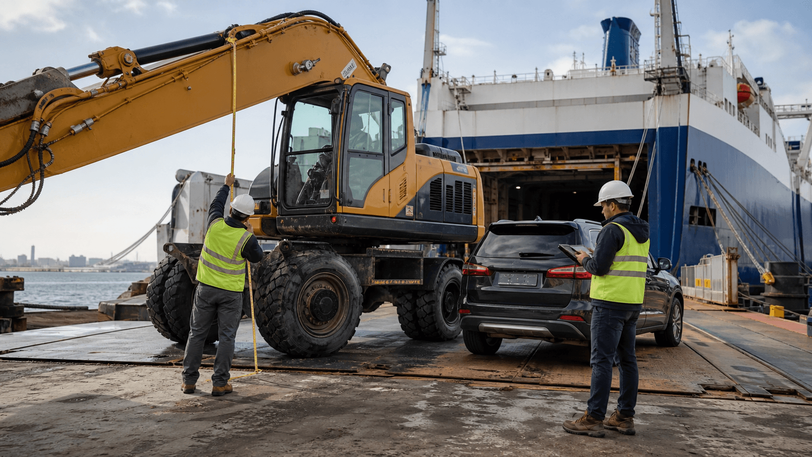 Logistics surveyors measuring vehicle and wheeled excavator dimensions for a RoRo quote