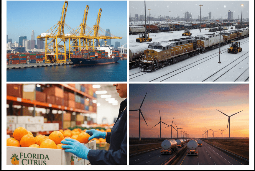 Photo montage: state-specific challenges and advantages for US freight shipping.