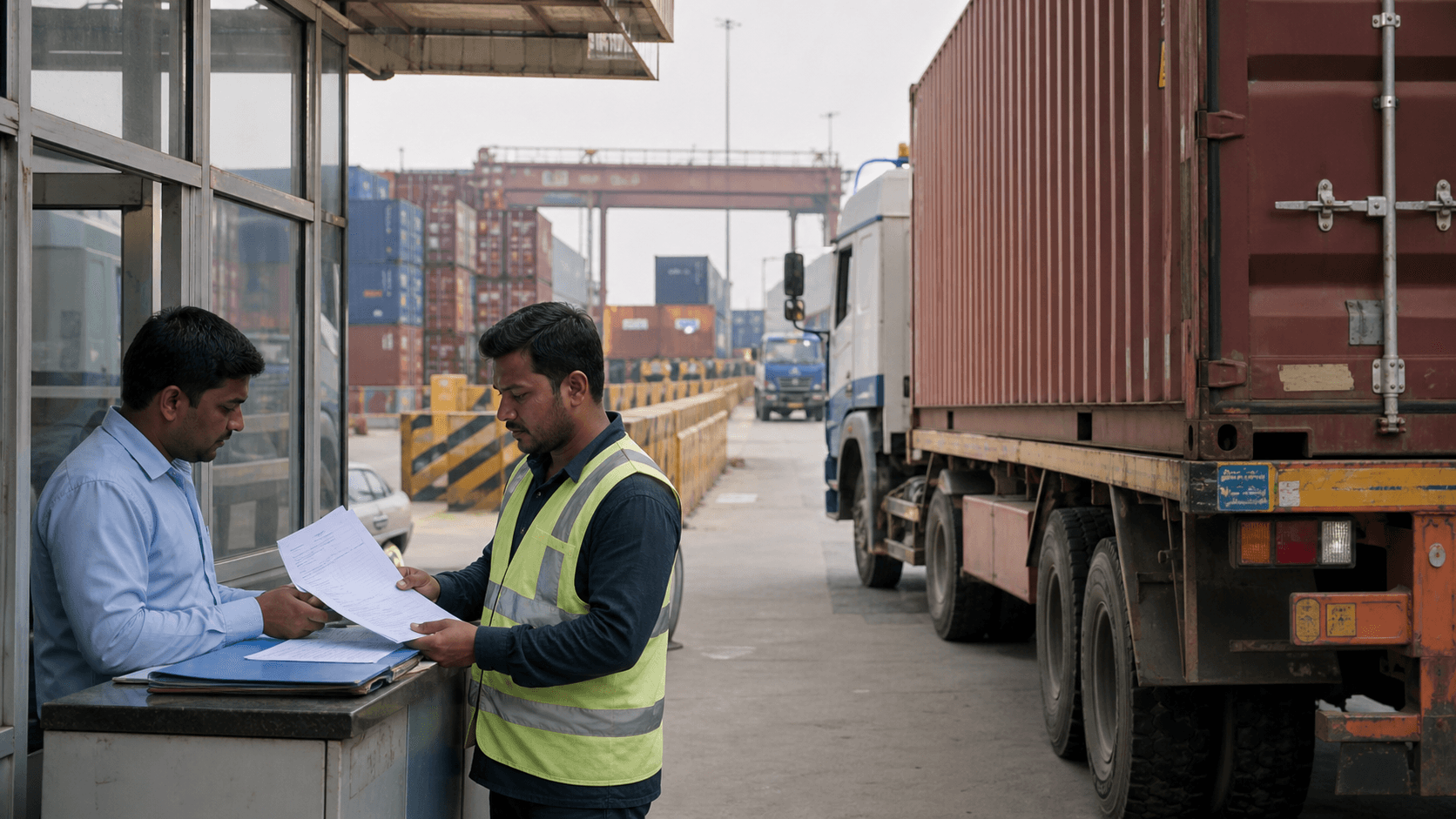 Freight coordinator checking container release papers beside a truck at an Indian port