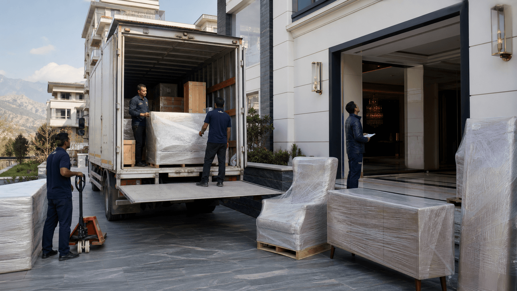 Protected furniture delivery from a cargo truck to a Nepal hotel project with planned unloading
