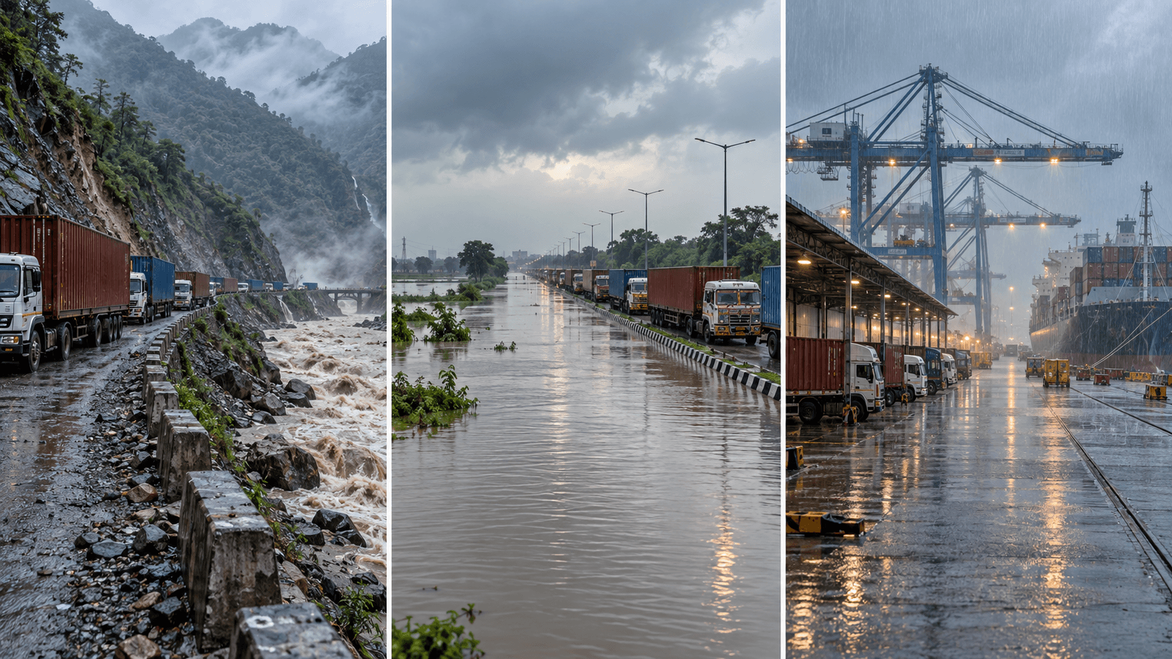 Mountain road, flooded lowland highway and rainy Indian seaport showing Nepal corridor risks