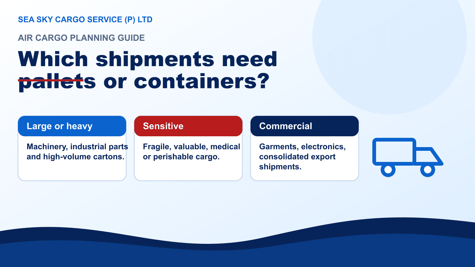Commercial air cargo shipments including electronics garments medical goods and machinery parts prepared for pallets