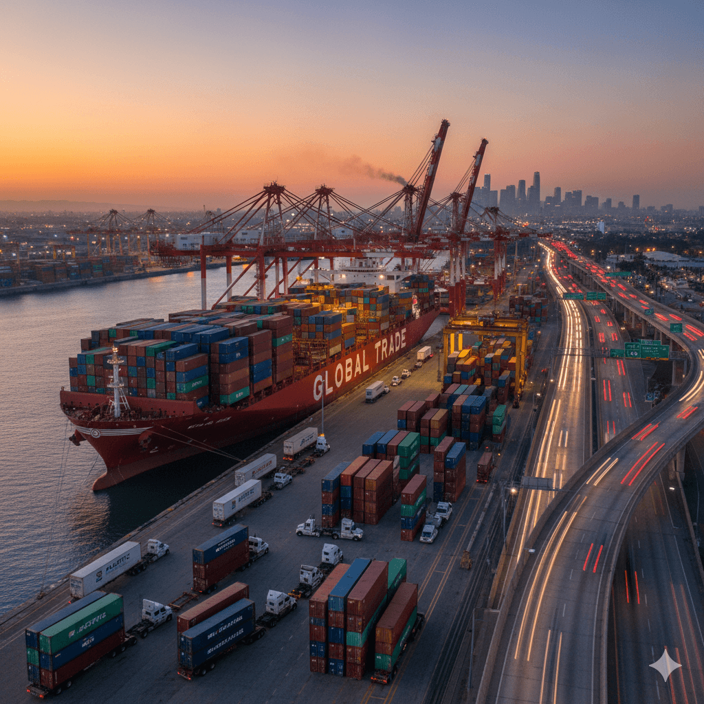 Port of LA—busy scene with container ships and trucks.