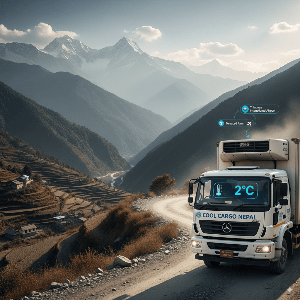 Nepalese cold chain delivery truck carrying perishables from farm to airport for export.