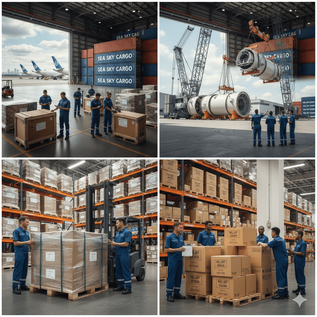Multiple cargo types including heavy machinery, pallets, and relief supplies handled by Sea Sky Cargo.