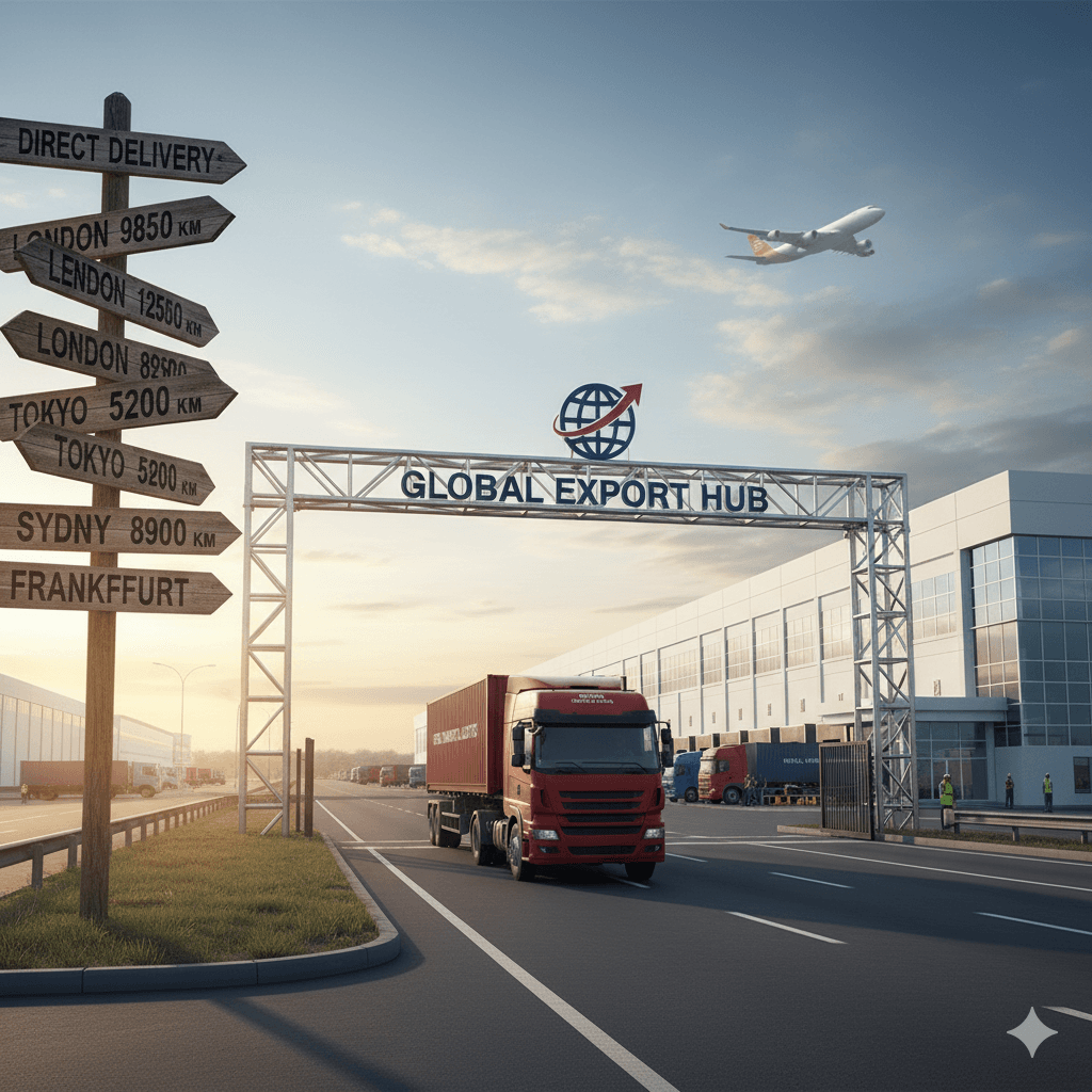 Delivery truck at warehouse entrance, highlighting global reach and direct delivery.