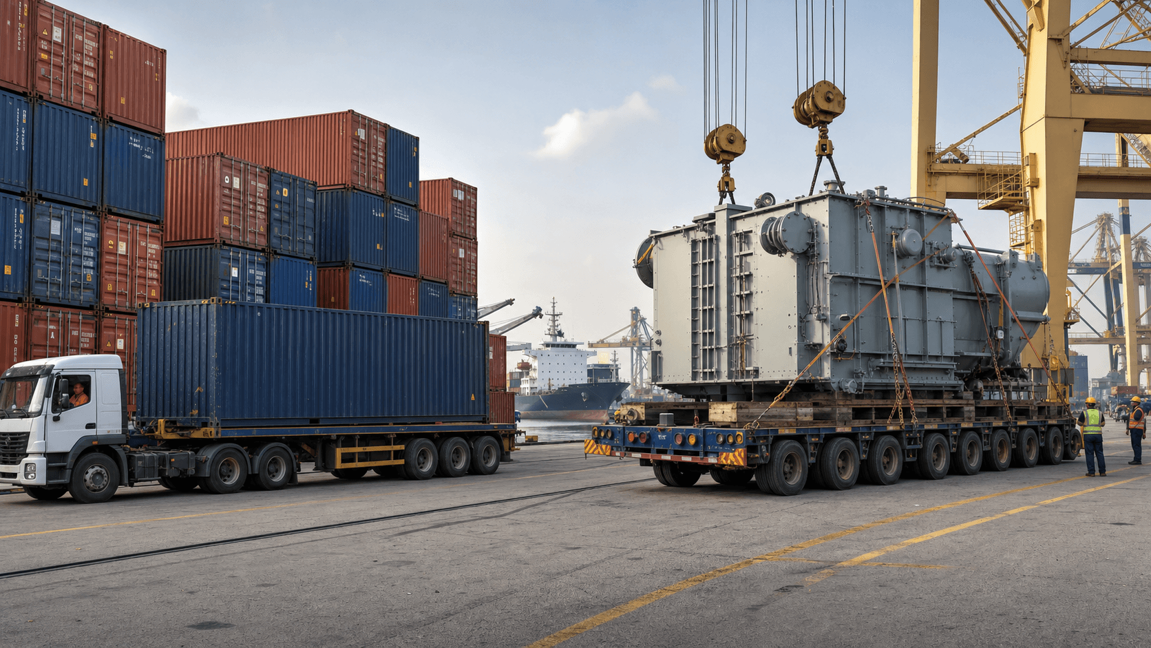 Standard shipping containers beside separately handled oversized machinery at an Indian port