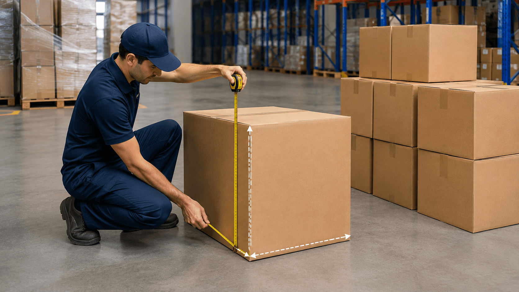 Freight coordinator measuring the length width and height of packed cargo cartons