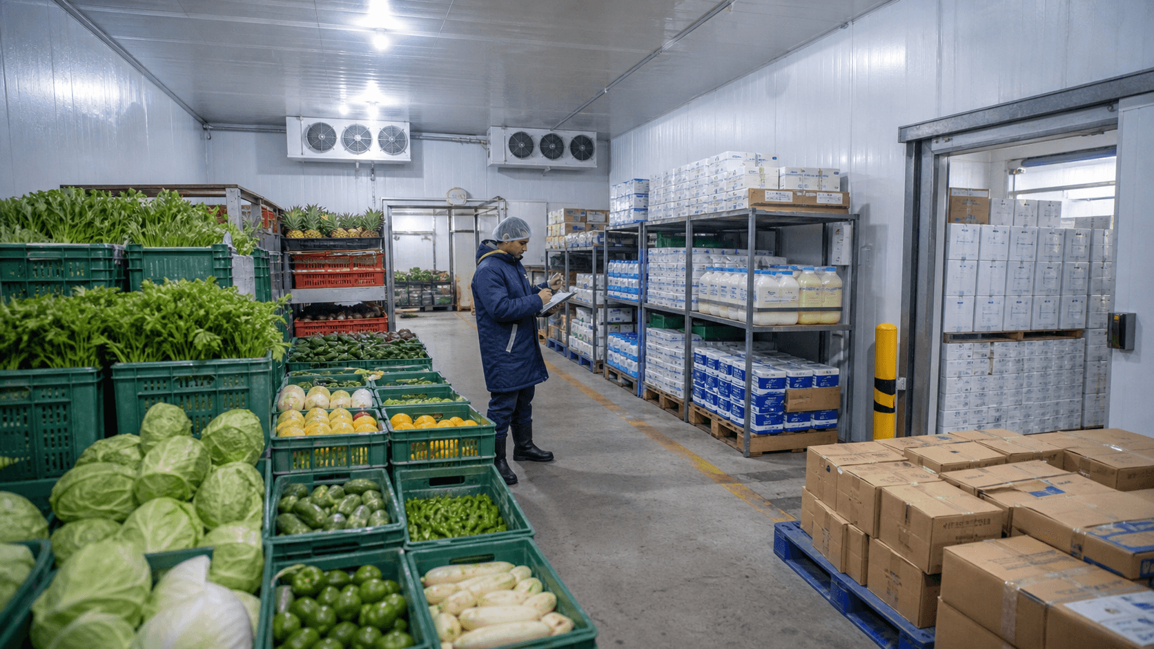 Fresh produce dairy and frozen food separated in a clean refrigerated cargo facility