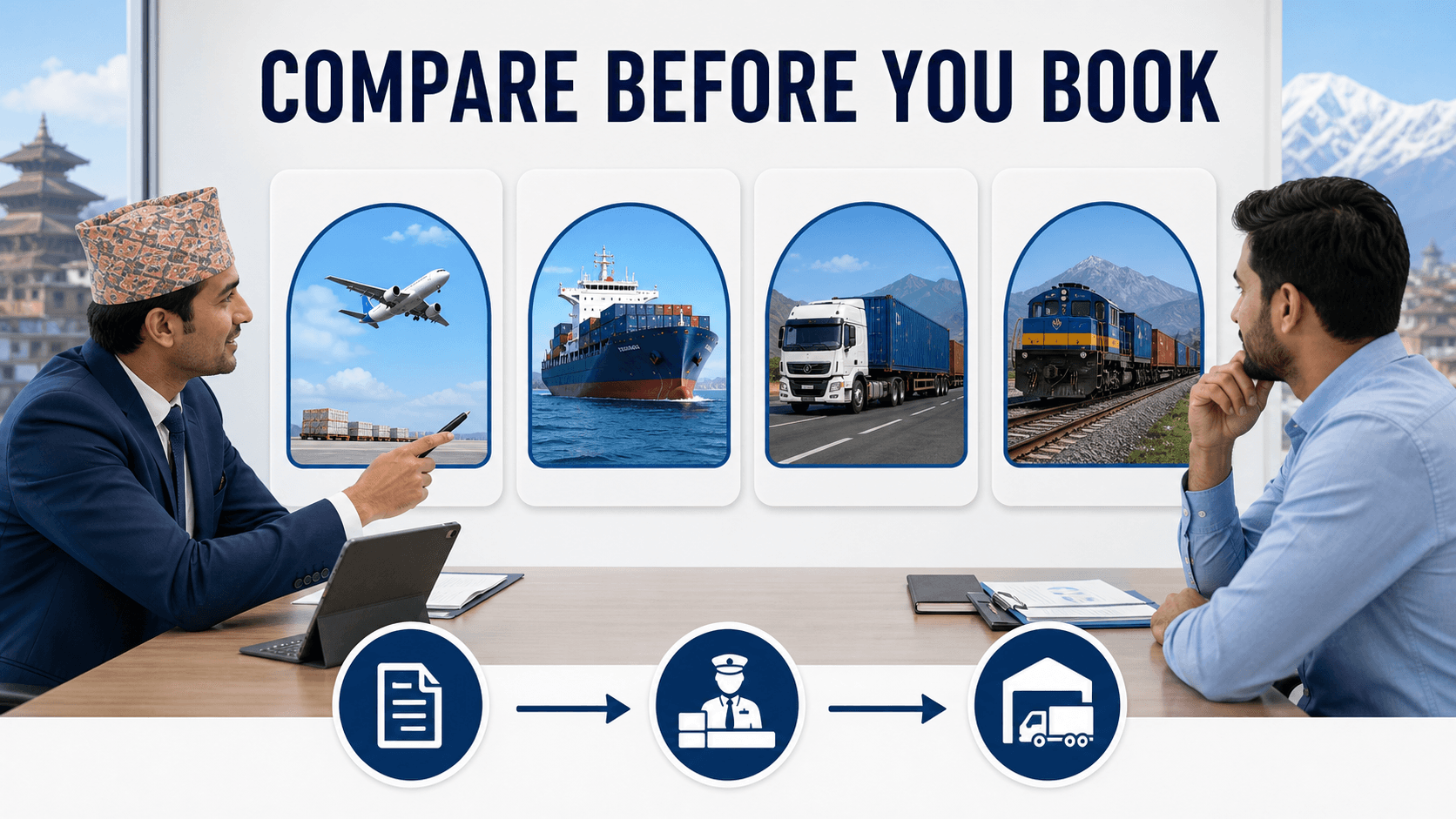 Sea Sky Cargo advisor comparing air sea road and rail routes for a Nepal importer