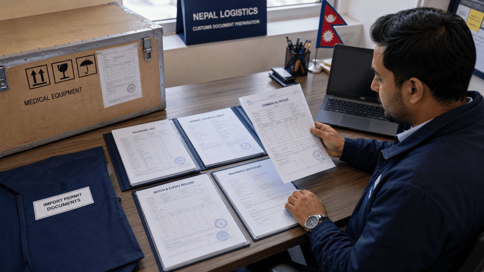 Medical cargo file containing invoice packing list technical sheet permit batch details and transport records