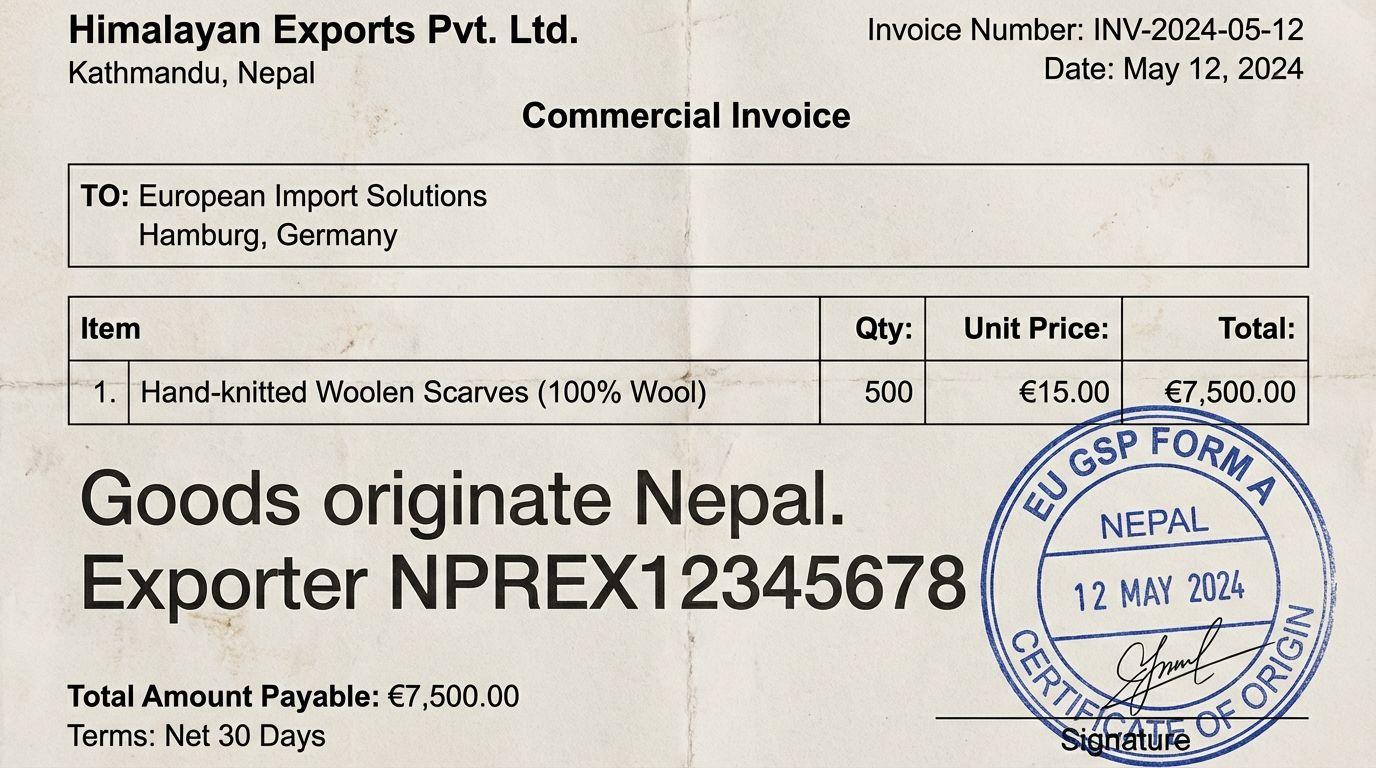 REX origin statement invoice example Nepal EU.