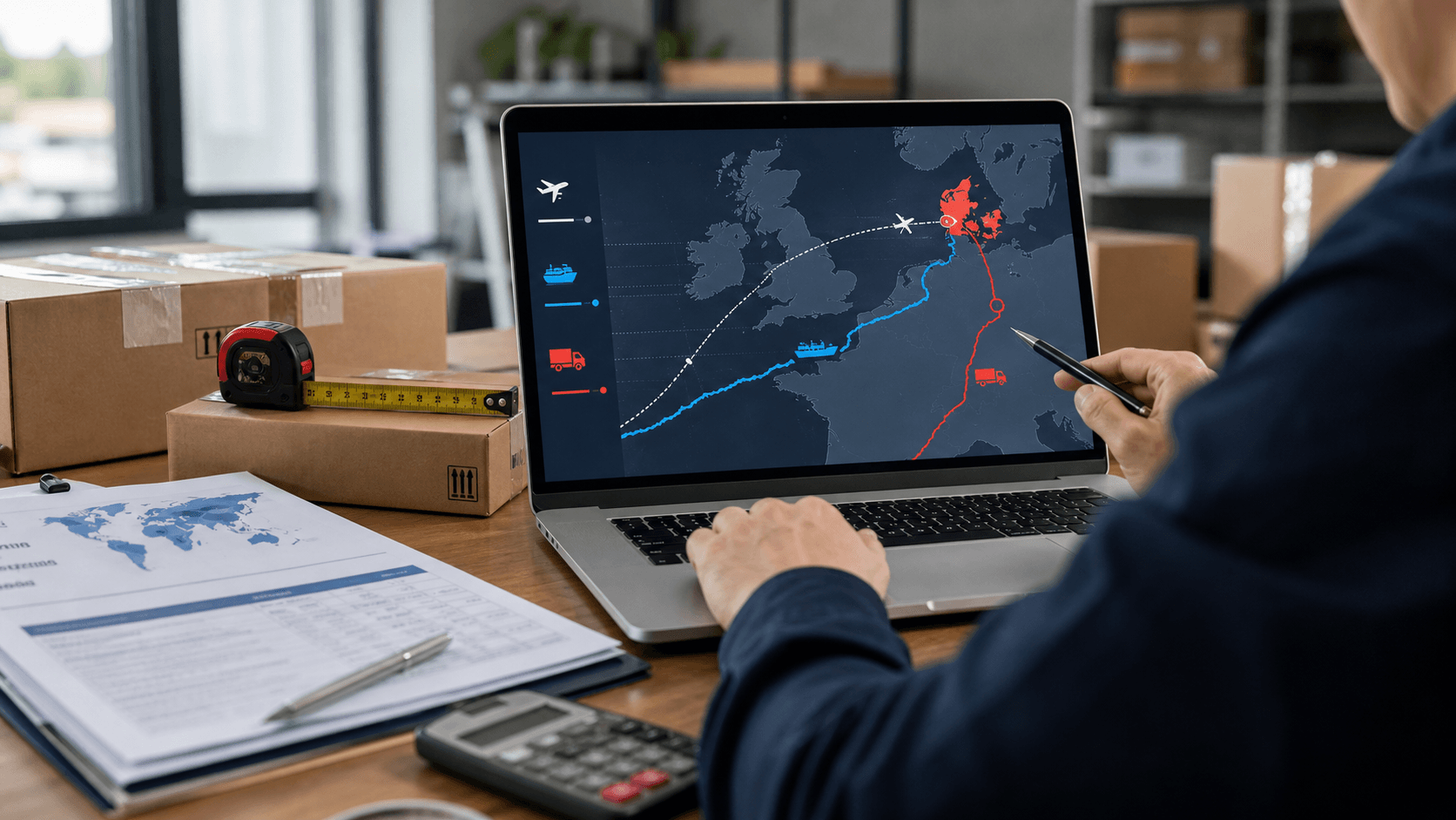Freight forwarder comparing air sea and truck delivery routes to Denmark