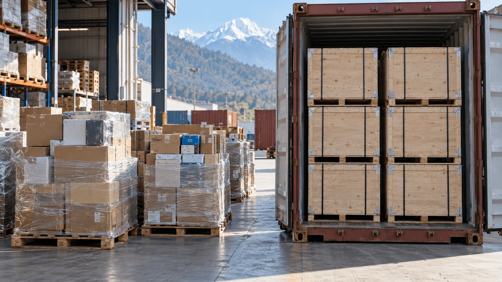 Shared LCL pallets compared with a dedicated FCL container in a cargo warehouse