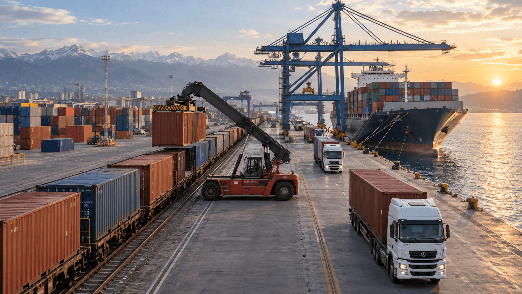 Container rail terminal connected to truck distribution and seaport transport