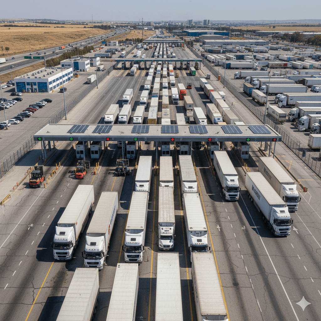 Trucks queuing at a customs yard while officers process shipment documents.