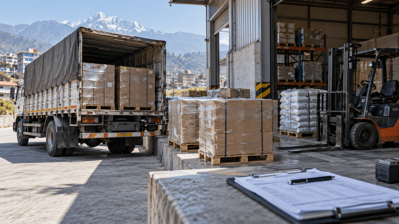 Business cargo truck parked at a Nepal warehouse receiving bay with staged pallets and delivery paperwork